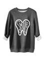 Detailed view of dark grey sweatshirt featuring white smile print and soft fleece lining - S / Dark Gray