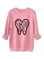 Detailed view of the pink sweatshirt ribbed cuffs and smile graphic print on fabric - S / Peach