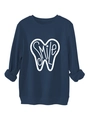 Detail of navy blue sweatshirt showing the SMILE tooth print and ribbed cuffs texture - S / Navy Blue