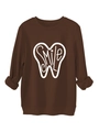 Detail of SMILE graphic print on a thick dark brown long-sleeve crewneck sweatshirt - S / Coffee