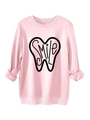 Detail of pink sweatshirt with tooth outline and SMILE print on ribbed knit fabric - S / Pink