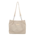 Minimalistische beige Canvas-Einkaufstasche mit Kettenriemen und kleinem Logo-Patch - Gebrochenes Weiß