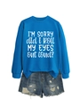 Detail of royal blue sweatshirt with white slogan print and distressed denim shorts - Lake Blue (White Font)