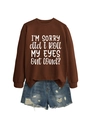 Detail of loose brown sweatshirt with white text and distressed denim shorts flat lay - Coffee (White Font)
