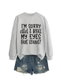 Detail of grey sweatshirt with 'I'M SORRY' slogan and distressed denim shorts ensemble - Grey (Black Font)