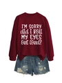 Flat lay of burgundy sweatshirt with white slogan and distressed blue denim shorts - Wine Red (White Font)