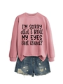 Close-up of pink casual sweatshirt with slogan and distressed denim shorts on white background - Rose Gold (Black Font)