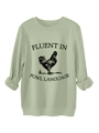 Close-up of the ribbed crew neck and black rooster print on sage green sweatshirt - S / Olive Green