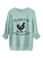 Detailed close-up of mint green sweatshirt with rooster print and fowl language text - S / Light Green