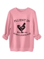 Detail of pink sweatshirt featuring fluent in fowl language print and rooster graphic - S / Peach
