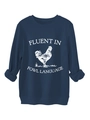 Detail of navy sweatshirt featuring artistic rooster print and witty fowl language text - S / Navy Blue