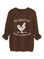Detail of coffee brown crewneck sweatshirt featuring white rooster print and ribbed cuffs - S / Coffee