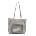 Large capacity gray tote bag with transparent PVC pocket and silver zippers in a flat lay - Silver