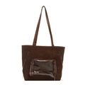 Brown suede tote bag with transparent PVC window and silver zipper details in front view - Brown