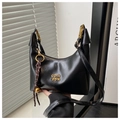 Retro black crescent shoulder bag with golden logo and decorative bell pendant for women - Black (With Pendant)