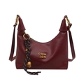 Retro burgundy crescent shoulder bag with gold hardware and woven bell charm detail - With Ornament / Red