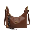 Brown oil leather hobo dumpling bag with gold logo and woven bell charm detail - With Ornament / Brown