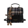 Minimalist large plaid backpack with black leather and cute rabbit charm for women - Black With Pendant