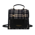 British style vintage navy and brown plaid backpack with black leather trim and gold logo - Black without Pendant