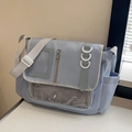 Light blue anime style crossbody messenger bag with transparent display and grid window - Blue