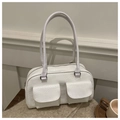 Close-up of white crocodile texture boston bag with dual front flap pockets - White