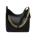 Minimalist black lychee leather tote bag with stylish gold chunky chain strap - Black