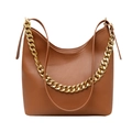 Brown lychee leather Hobo bag with gold chain strap and smooth pebble texture - Yellow Brown