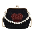 Pochette de soirée en strass noirs avec motif cœur rouge et poignée en perles - Noir