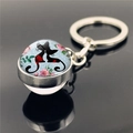 Portachiavi in argento con cupola in vetro e motivo artistico di gatti neri e fiori rosa - Illustrazione Gatto e Fiori(XSWX2233-1)