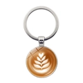 Silver keychain featuring a round glass pendant with realistic cappuccino latte art design - Silver - Multiple Latte Art (JY008633-Silver 5)