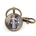 Vintage bronze St. Benedict medal keychain with glass dome and lobster clasp - Saint Benedict Statue Style (JY008670-Copper 4)