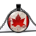 Retro Canada flag maple leaf pendant necklace with black chain and glass cabochon - Retro Distressed Red White Style (JY008658-2)