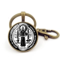 St. Benedict medal bronze keychain with vintage glass dome pendant and lobster clasp - Saint Benedict Vintage Medal Style 5 (Copper JY008670-5)