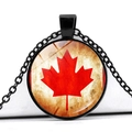 Vintage Canada flag necklace with red maple leaf glass dome pendant and black chain - Retro Texture Style (JY008658-3)