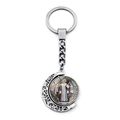 Silver Saint Benedict medal keychain with rotating moon-shaped pendant and holy engravings - Saint Portrait Style (JY008671-4)