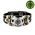Bracelet religieux Saint Benoît avec cuir noir multicouche et perles en argent décoratives - Style de Médaille en Alliage d'Argent (JY008675-3)