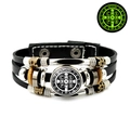 Luminous St. Benedict Medal leather bracelet with black beads and vintage metal charms - Retro Metal Medal Style (JY008675-6)