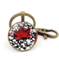 Vintage bronze keychain with Canadian maple leaf under glass dome and lobster clasp - Bronze Style 9 (JY008665-BR9)
