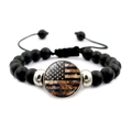 Vintage US flag beaded bracelet with matte black stones and adjustable woven cord - Artistic Distressed Flag Style (JY008693-11)