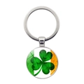 Lucky shamrock keychain with Irish flag colors and green clover in a round metal pendant - Vertical Striped Clover Style (JY008700-Silver 5)