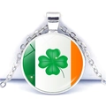 Round glass pendant necklace with Irish flag and green shamrock in silver-tone finish - Flag Background Shamrock Style (JY008699-2)