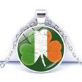 Silver shamrock cabochon necklace featuring Irish flag colors with a vintage glass finish - Vintage Tricolor Shamrock Style (JY008699-3)