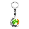 Rotating Irish shamrock moon keychain with green white orange flag pattern in silver finish - Ireland Color Background Shamrock Style (JY008702-1)