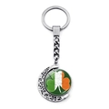 Lucky Ireland flag clover rotating moon keychain with silver metallic finish and green pendant - Dark Green Background Irish Color Shamrock Style (JY008702-3)