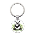 Cute panda and bamboo metal keychain with silver round pendant for bags and car keys - Sitting Panda with Bamboo Leaves Style (JY008709-5)