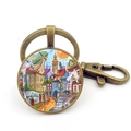 Porte-clés vintage en bronze avec pendentif rond en verre et paysage urbain artistique - Jy008716-cuivre 5