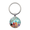 Silver metal keychain with colorful folk art house and tree illustration pendant - Folk Painted House and Moon Style (JY008713-Silver 7)
