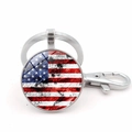 Porte-clés drapeau USA vintage avec dôme en verre et fermoir mousqueton en métal - Écusson drapeau national en verre argenté vieilli