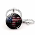 Porte-clés vintage drapeau américain et aigle avec pendentif rond et fermoir mousqueton - Ensemble Drapeau National Argenté et Aigle Chauve