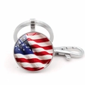 Porte-clés vintage drapeau USA avec dôme en verre rond et fermoir mousqueton - Pendentif en verre argenté Stars and Stripes